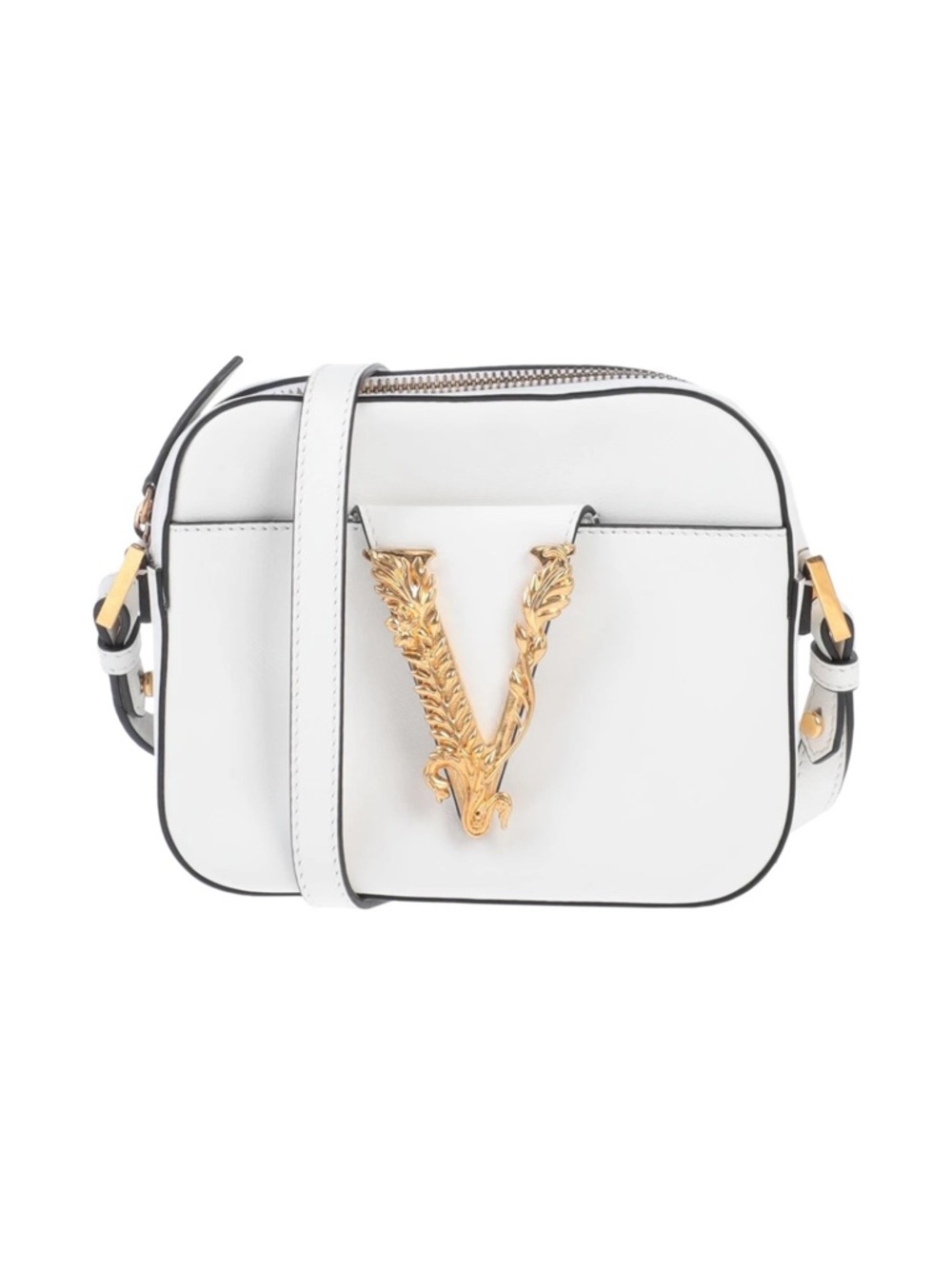 Versace White Leather Crossbody with Gold V Ornament